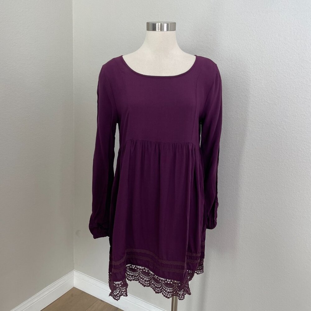 Roxy‎ Womens Small Purple Lace Hem Long Sleeve Babydoll Dress Button Back